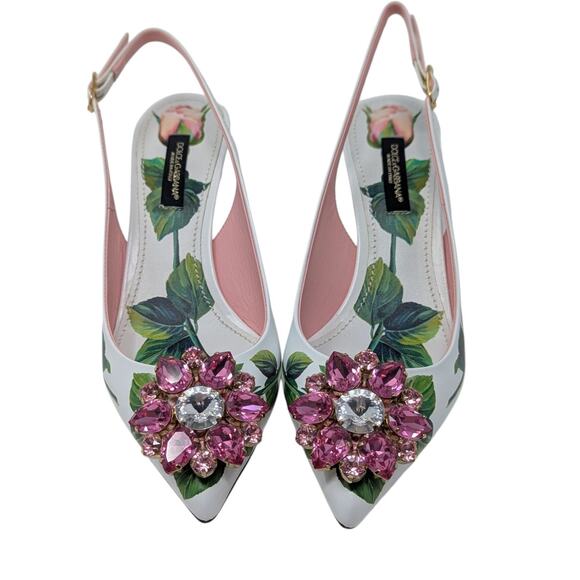Dolce & Gabbana Jeweled Bellucci Floral Print Slingback Heels White and Pink 35 - Picture 9 of 16